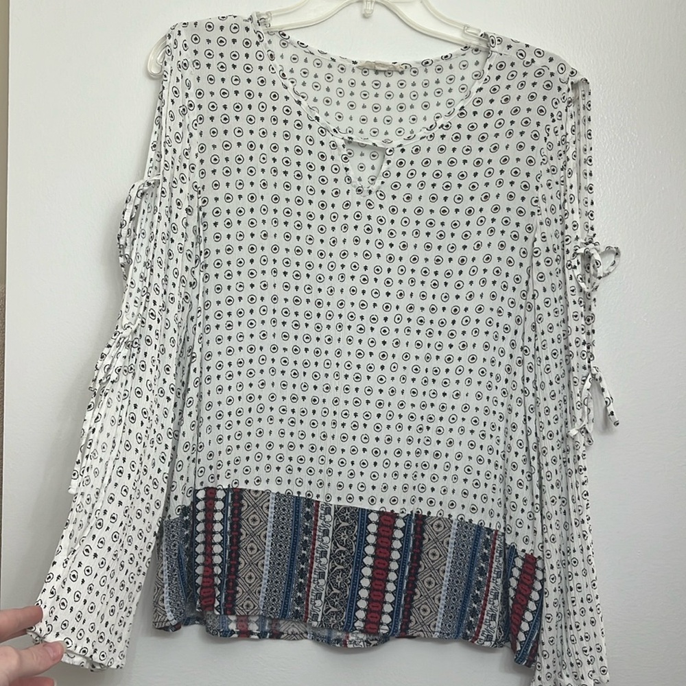 Hem & Thread White Printed Long Sleeve Blouse with Blue & Red Hem